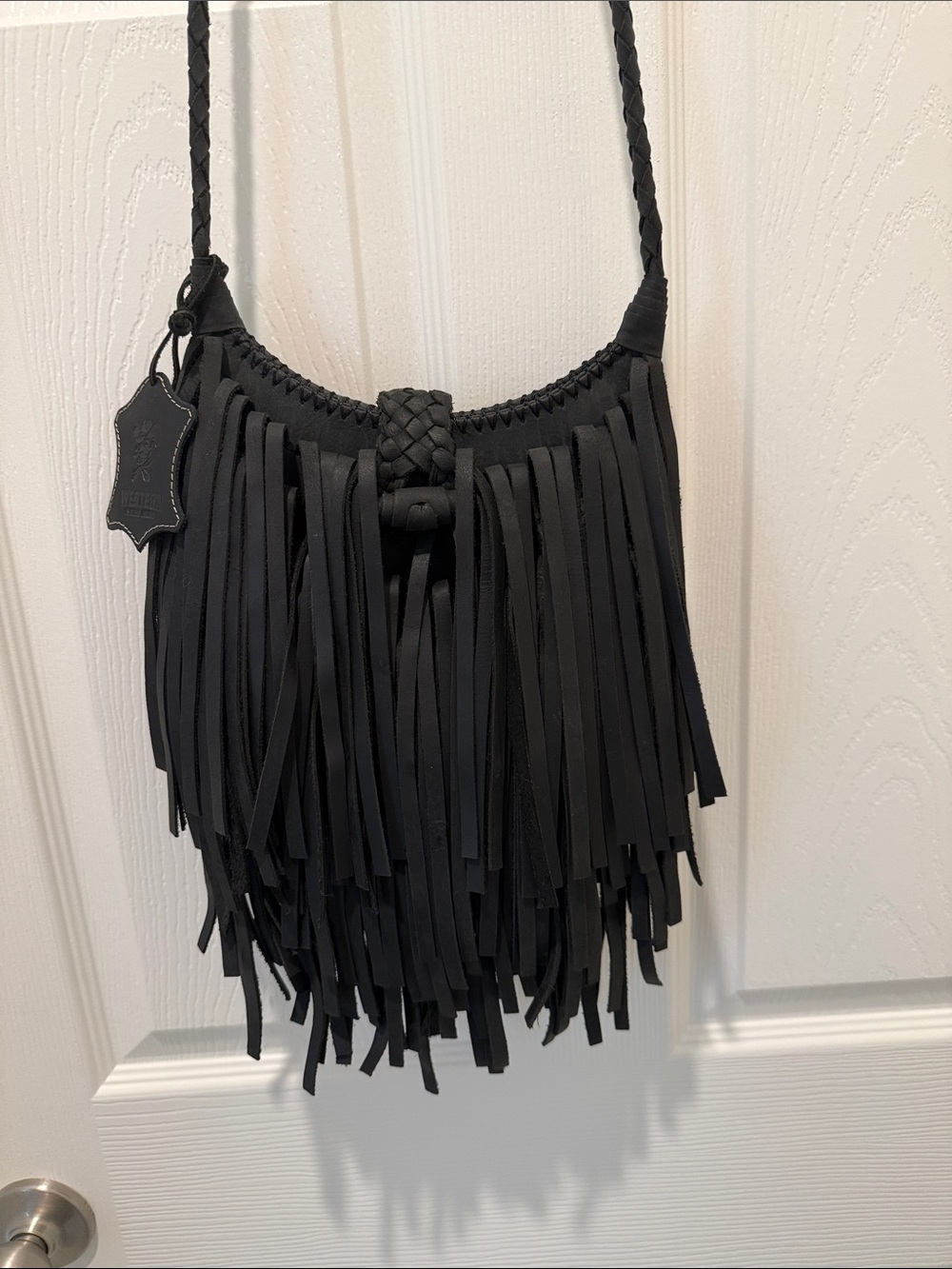 Black Fringe Crossbody Bag with Braided Strap